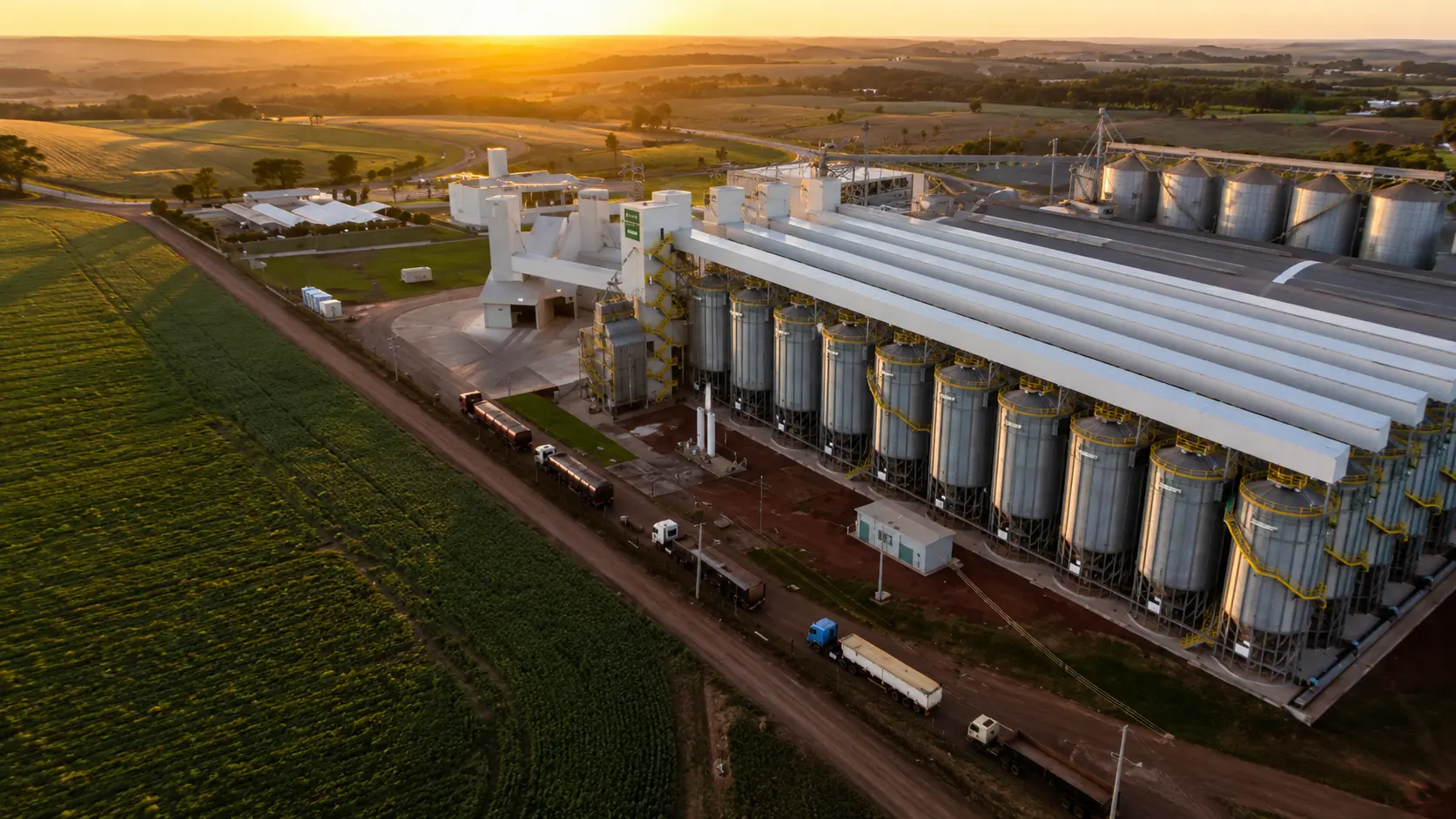 Unidade de armazenagem de grãos vista do alto ao pôr do sol